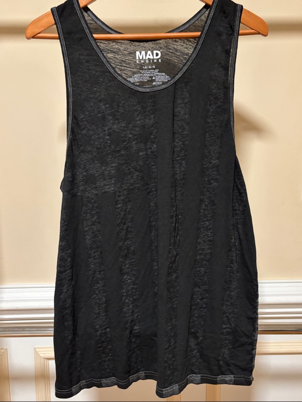 MAD Engine Black Men's Sleeveless Tank with Subtle Stars & Stripes Motif.